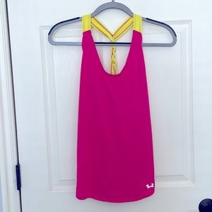 Neon pink Under Armour semi fitted tank with braided detail